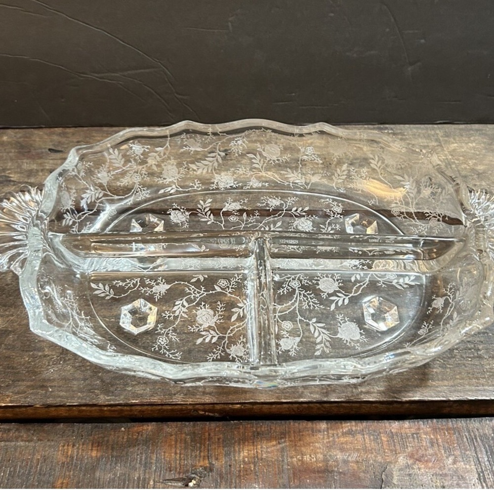 Fostoria Chintz Baroque Etched Floral Clear Glass Dish 3 Section Divided Tray